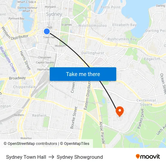Sydney Town Hall to Sydney Showground map