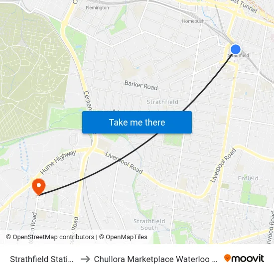 Strathfield Station to Chullora Marketplace Waterloo Rd map