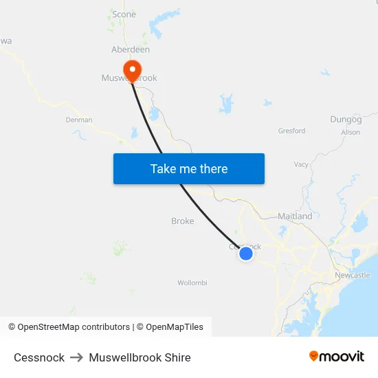 Cessnock to Muswellbrook Shire map