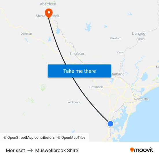 Morisset to Muswellbrook Shire map