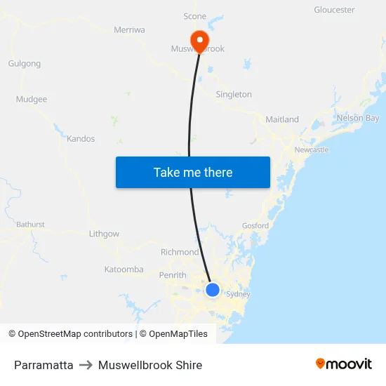 Parramatta to Muswellbrook Shire map