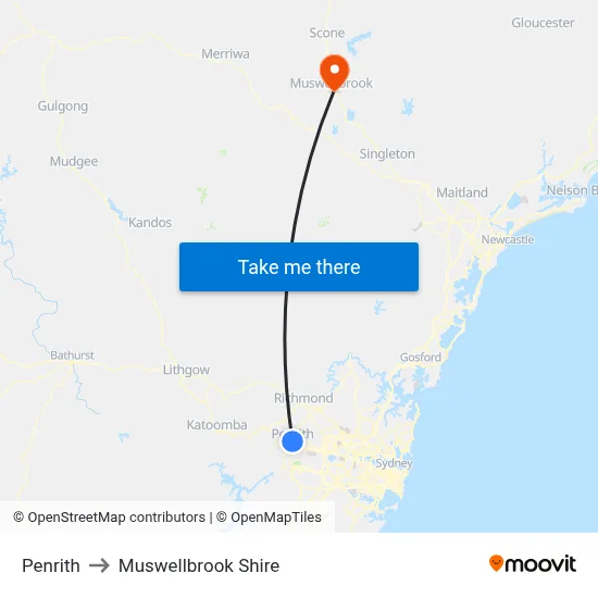 Penrith to Muswellbrook Shire map
