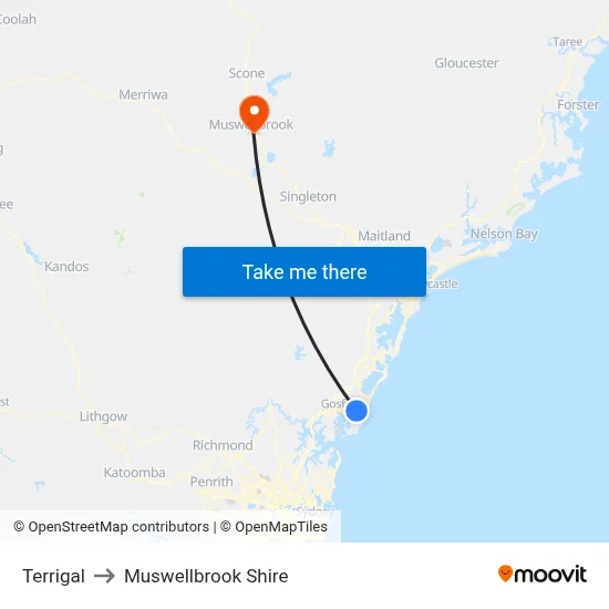 Terrigal to Muswellbrook Shire map