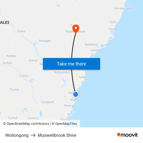 Wollongong to Muswellbrook Shire map