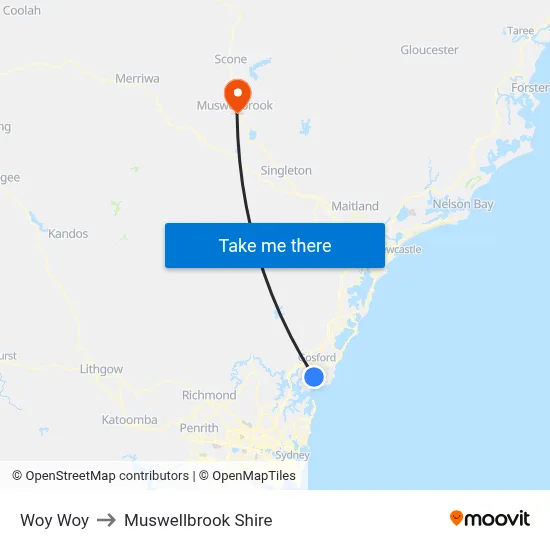 Woy Woy to Muswellbrook Shire map