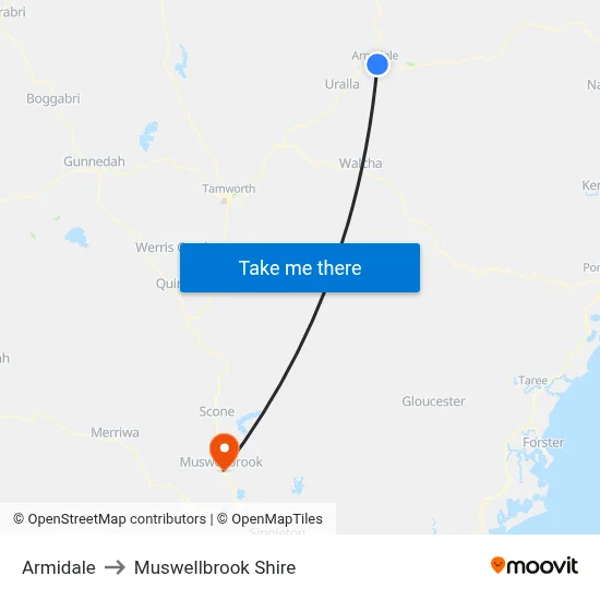 Armidale to Muswellbrook Shire map