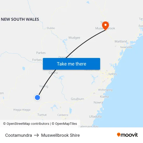 Cootamundra to Muswellbrook Shire map