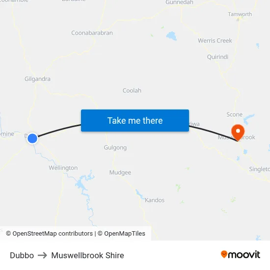 Dubbo to Muswellbrook Shire map