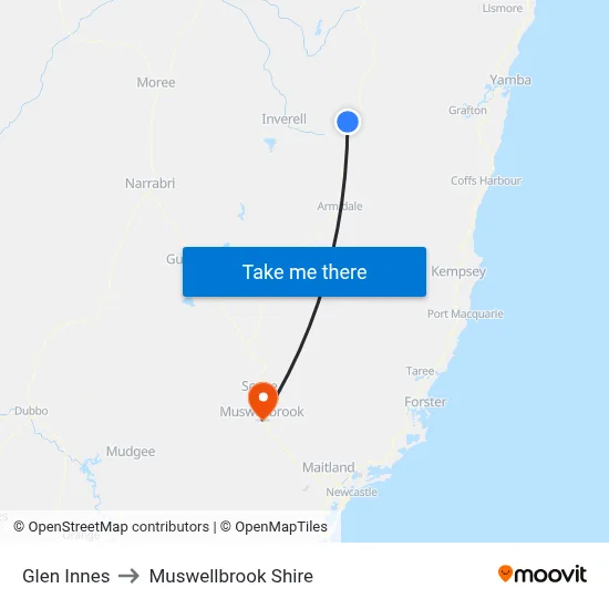 Glen Innes to Muswellbrook Shire map
