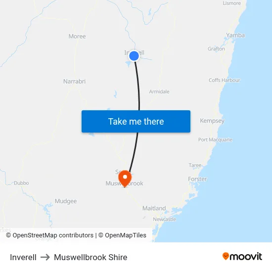Inverell to Muswellbrook Shire map