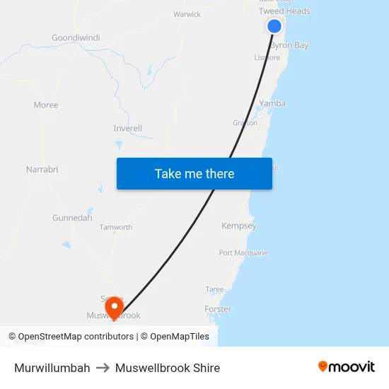 Murwillumbah to Muswellbrook Shire map