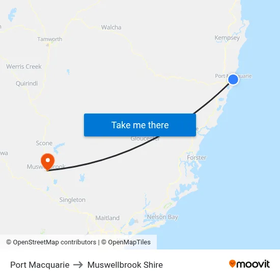 Port Macquarie to Muswellbrook Shire map
