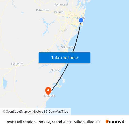 Town Hall Station, Park St, Stand J to Milton Ulladulla map