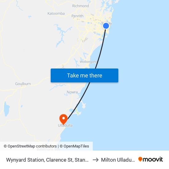 Wynyard Station, Clarence St, Stand S to Milton Ulladulla map