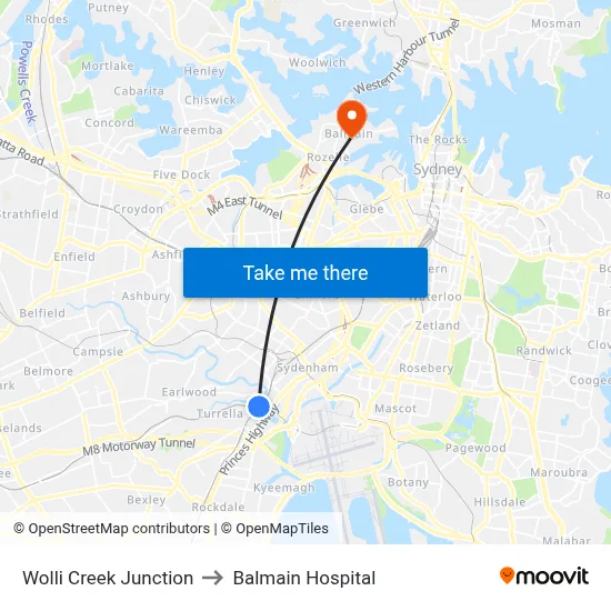 Wolli Creek Junction to Balmain Hospital map