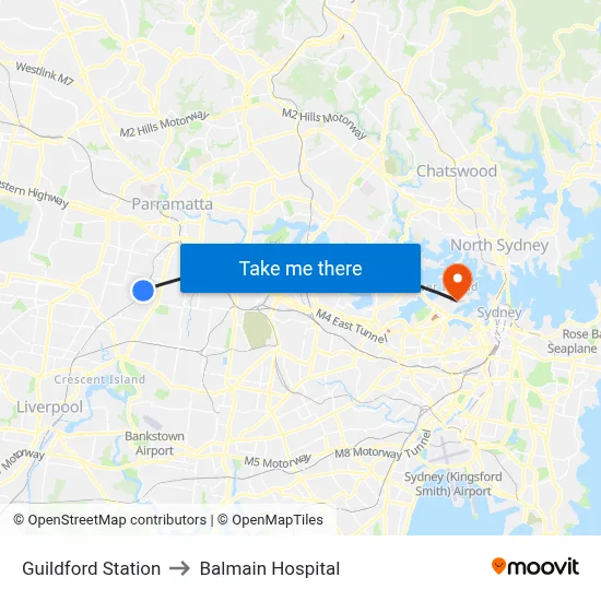Guildford Station to Balmain Hospital map