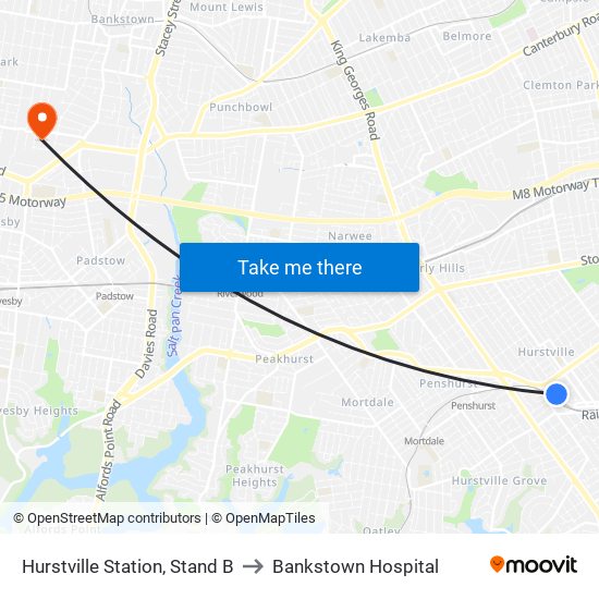 Hurstville Station, Stand B to Bankstown Hospital map