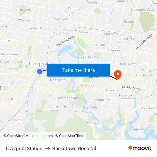 Liverpool Station to Bankstown Hospital map