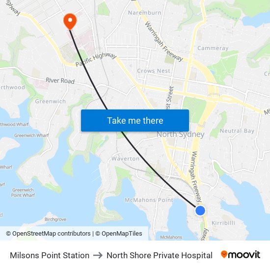 Milsons Point Station to North Shore Private Hospital map