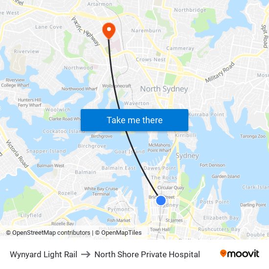 Wynyard Light Rail to North Shore Private Hospital map