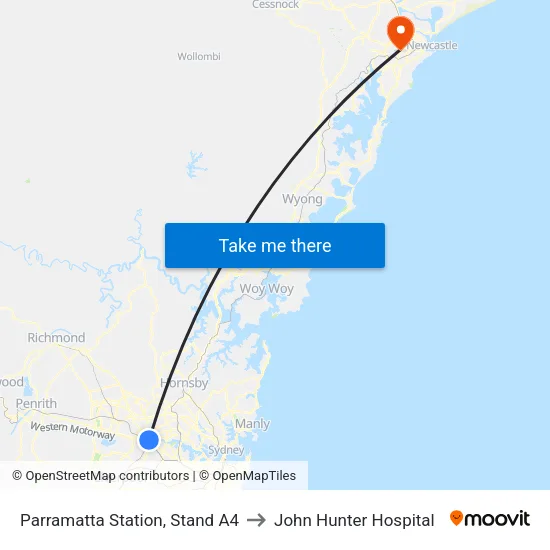 Parramatta Station, Stand A4 to John Hunter Hospital map