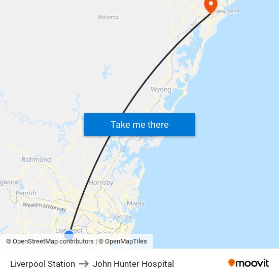 Liverpool Station to John Hunter Hospital map