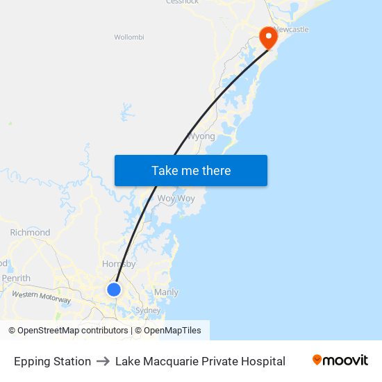 Epping Station to Lake Macquarie Private Hospital map