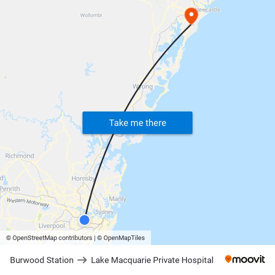 Burwood Station to Lake Macquarie Private Hospital map