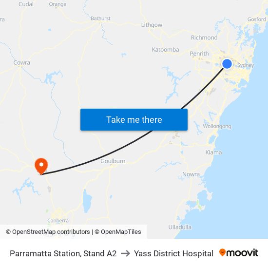 Parramatta Station, Stand A2 to Yass District Hospital map
