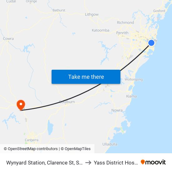 Wynyard Station, Clarence St, Stand S to Yass District Hospital map