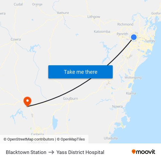 Blacktown Station to Yass District Hospital map