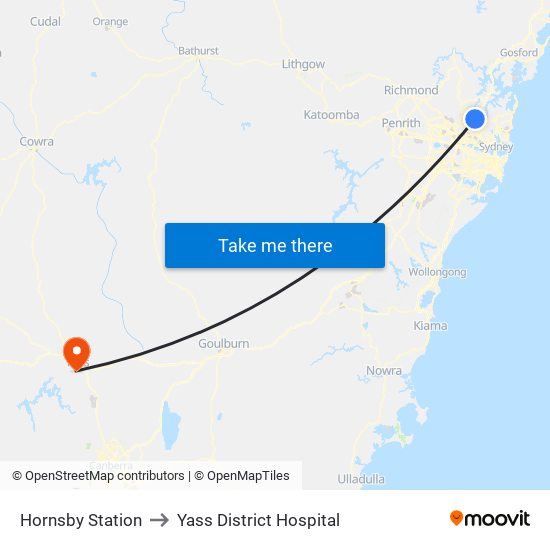 Hornsby Station to Yass District Hospital map