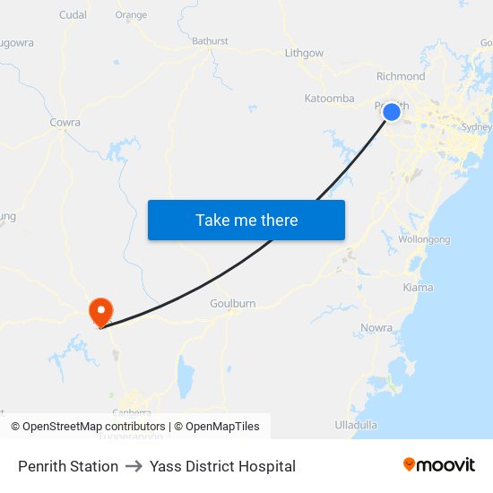 Penrith Station to Yass District Hospital map