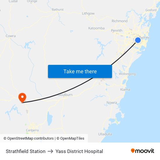 Strathfield Station to Yass District Hospital map