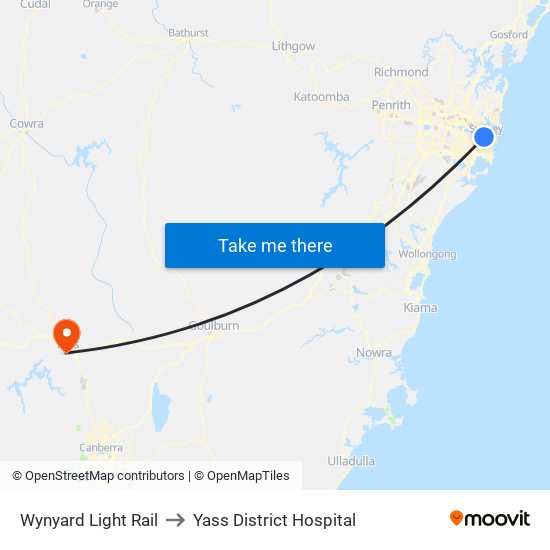 Wynyard Light Rail to Yass District Hospital map