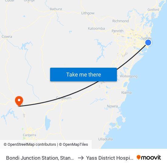 Bondi Junction Station, Stand A to Yass District Hospital map