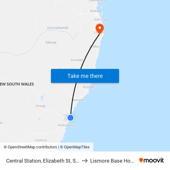 Central Station, Elizabeth St, Stand E to Lismore Base Hospital map