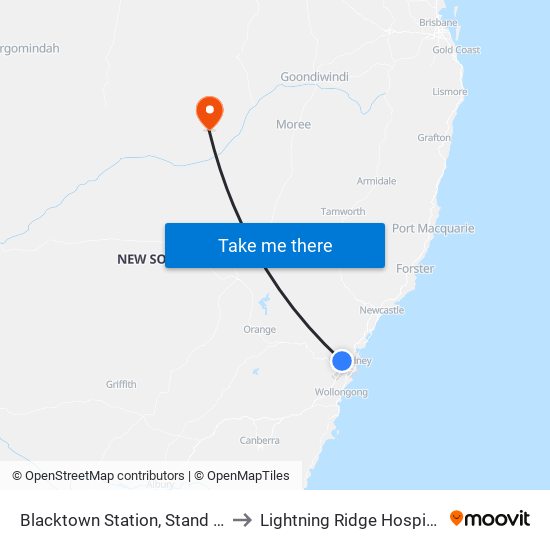 Blacktown Station, Stand M to Lightning Ridge Hospital map