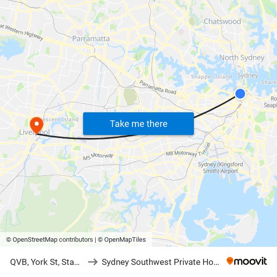 QVB, York St, Stand D to Sydney Southwest Private Hospital map