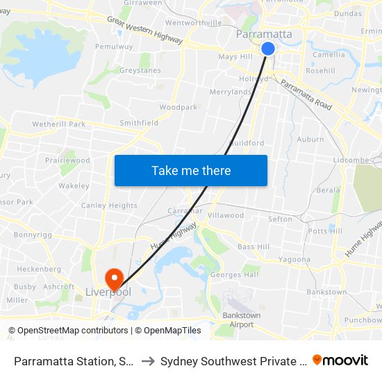 Parramatta Station, Stand A2 to Sydney Southwest Private Hospital map