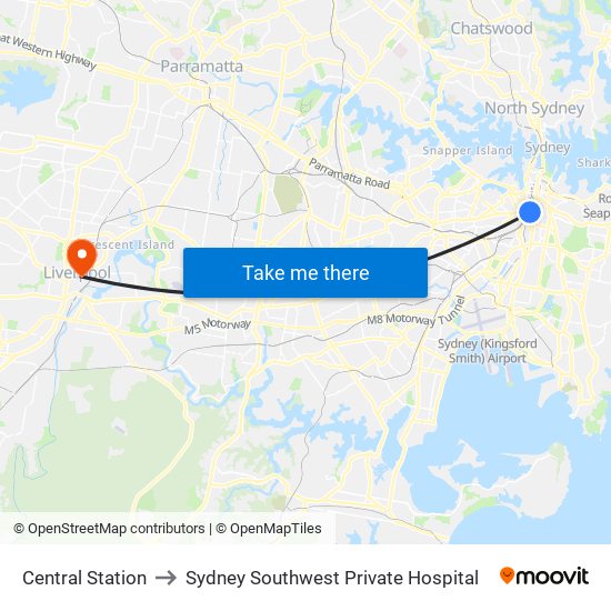 Central Station to Sydney Southwest Private Hospital map