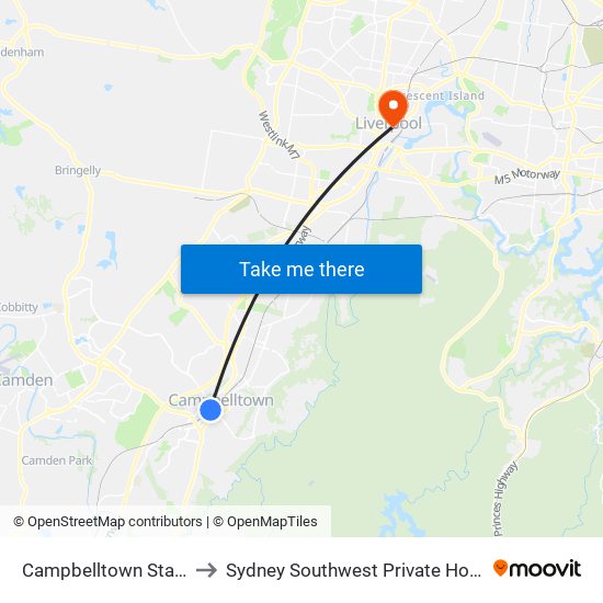 Campbelltown Station to Sydney Southwest Private Hospital map