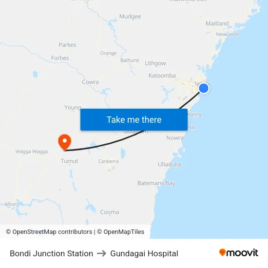 Bondi Junction Station to Gundagai Hospital map