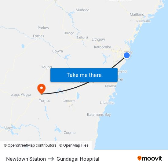 Newtown Station to Gundagai Hospital map