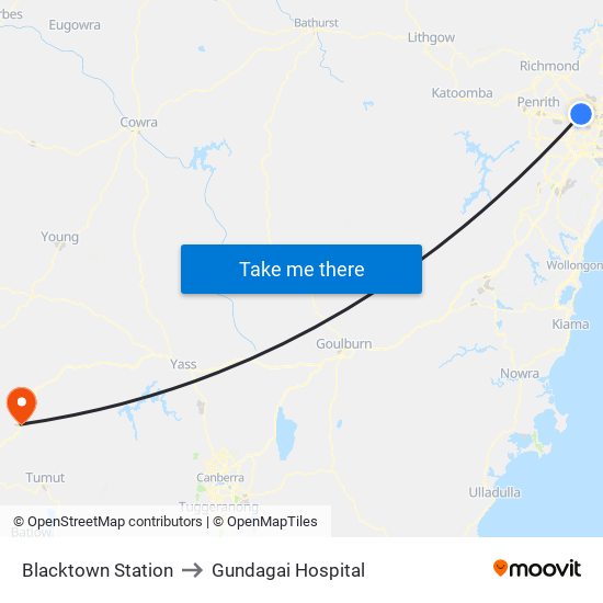 Blacktown Station to Gundagai Hospital map