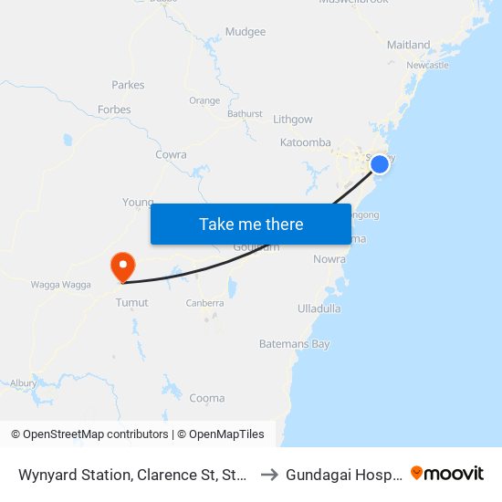 Wynyard Station, Clarence St, Stand T to Gundagai Hospital map