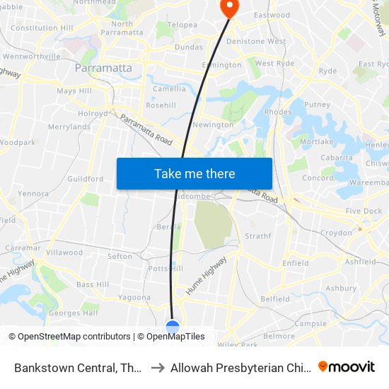 Bankstown Central, The Mall, Stand C to Allowah Presbyterian Childern's Hospital map