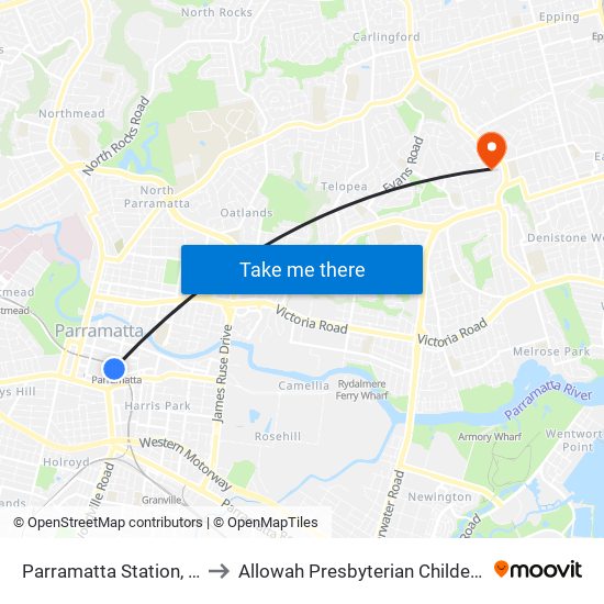 Parramatta Station, Stand A3 to Allowah Presbyterian Childern's Hospital map