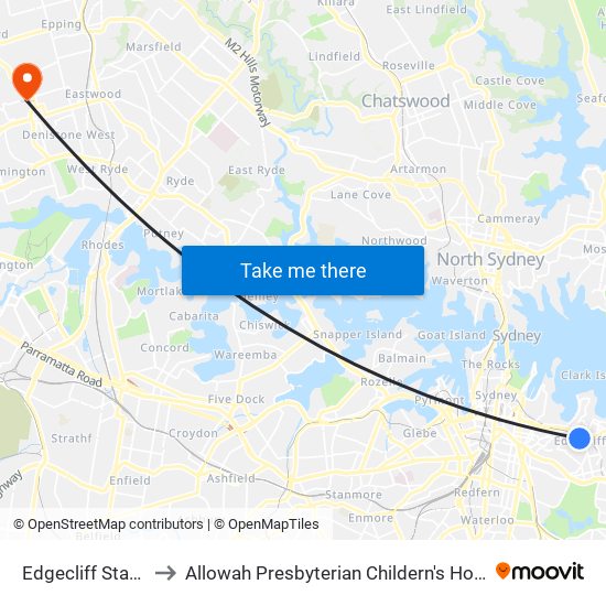 Edgecliff Station to Allowah Presbyterian Childern's Hospital map