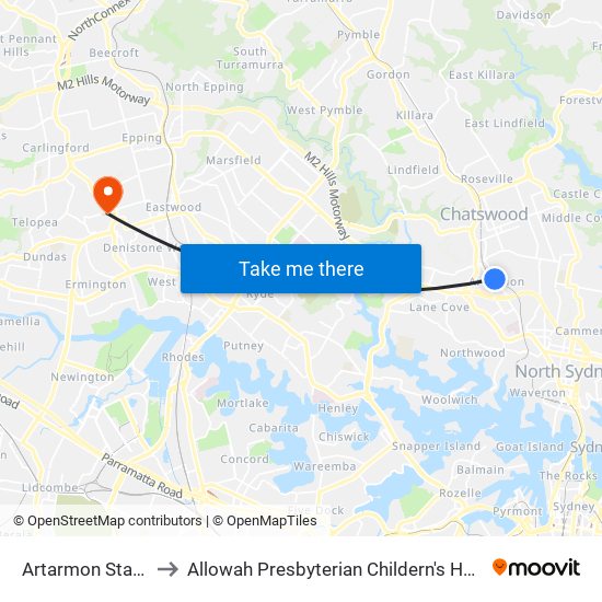 Artarmon Station to Allowah Presbyterian Childern's Hospital map